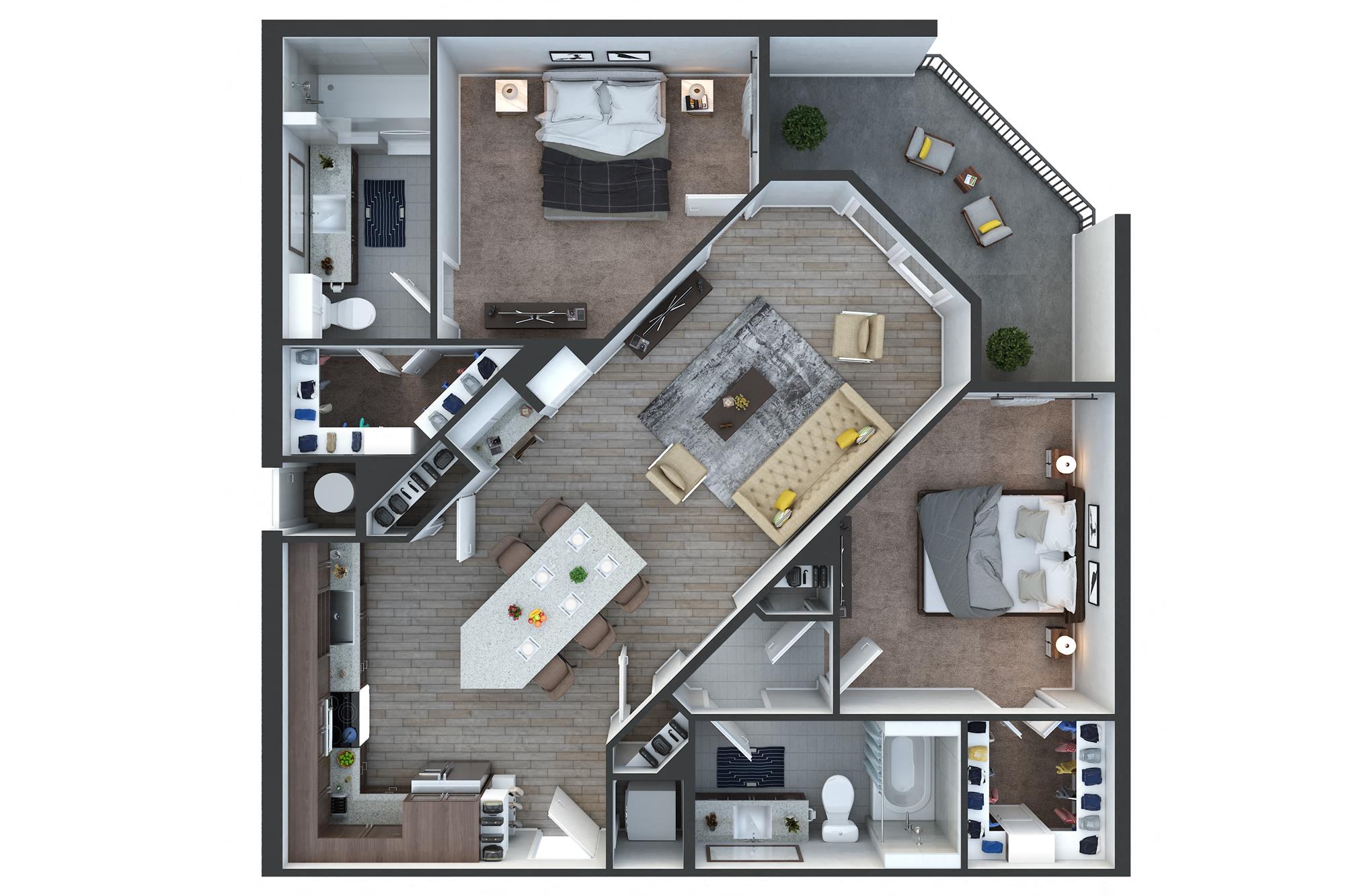 Floor plan for 2 beds, 2 baths, 1137 sqft